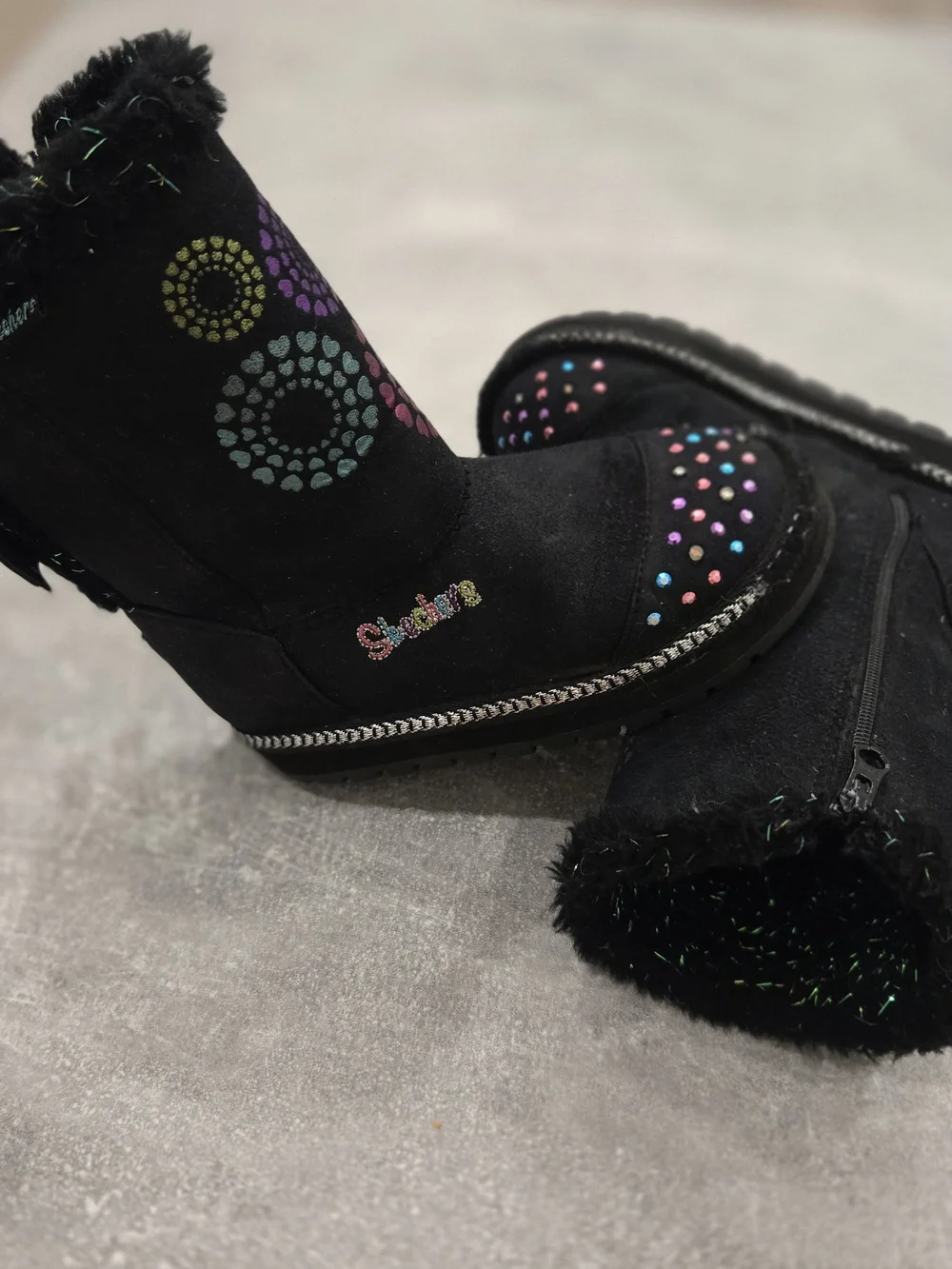 Kids Black Winter Boots with Multicolor Heart & Dot Accents